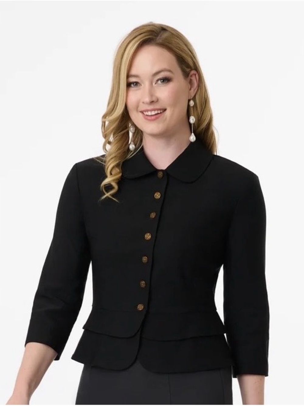 Unique Vintage Black Cropped Peplum Blazer with Gold Buttons